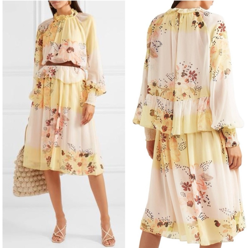 SEE BY CHLOE Tiered Floral-print Long Sleeve Georgette Yellow Dress Size 6/IT 38